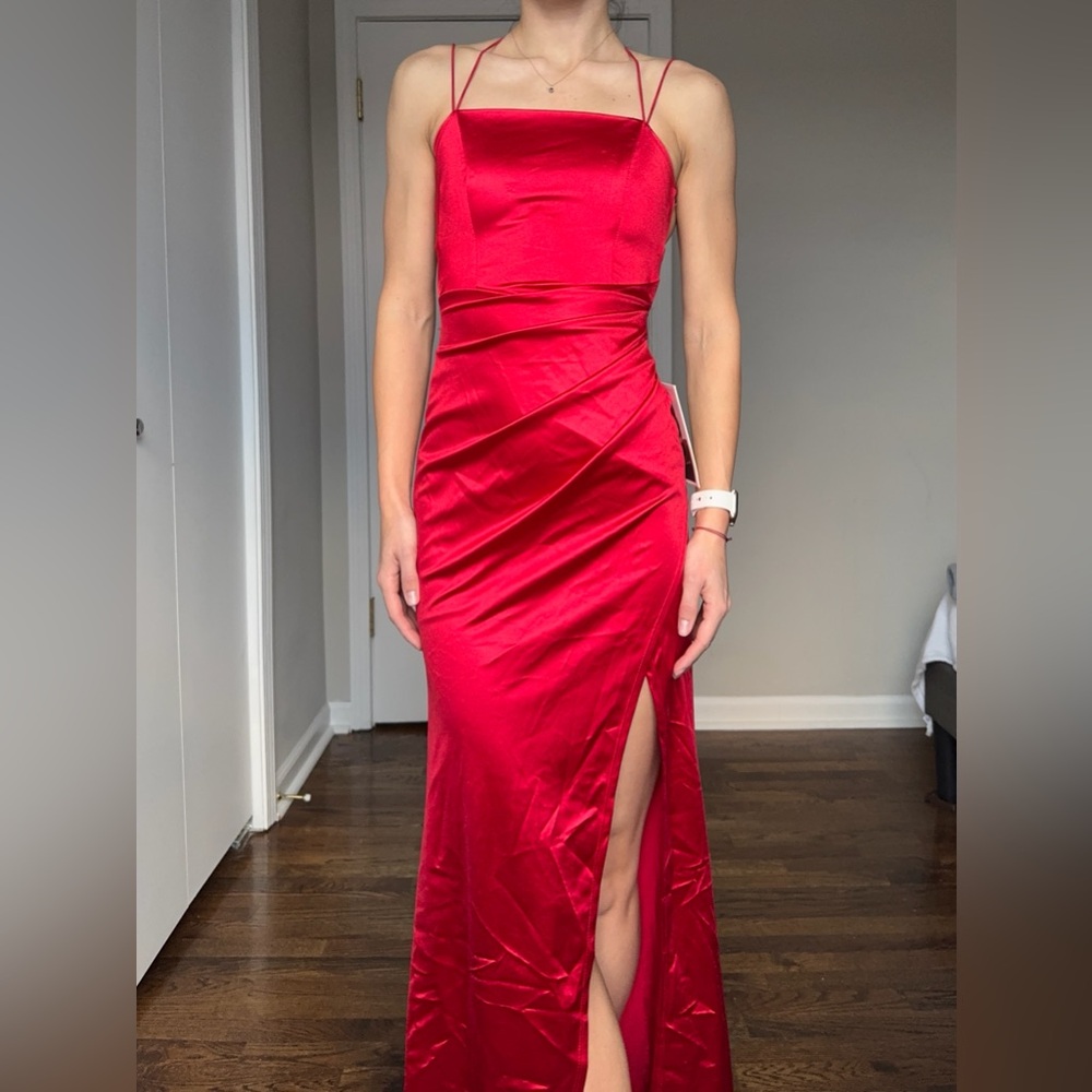 Red Satin Corset Maxi Dress XS – Elegant Evening Gown with Side Slit